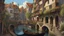 Placeholder: medieval buildings with balconies overhanging a canal, blue sky and people, photorealism, trees, foliage, piers, fantastical, intricate detail, concept art, people, ultra-sharp image