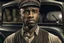 Placeholder: ww1 black driver talking close-up standing up looking to the camera, garage background, normal color pallete