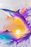 Placeholder: 2:3 Full size, watercolor on transparent background paper, chromatic, zoom, sharp, splash of colors on a white background, a detailed golden purple sunset fire style, shark, Miami Beach with light blue water, Mountains, graffiti elements, powerful zen composition, dripping technique, & the artist has used bright, clean elegant, with blunt brown, 4k, detailed –n 9, ink flourishes, liquid fire, clean white background, zoom in, close-up,