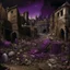 Placeholder: A dark purple district covered in trash painted by Leonardo da Vinci