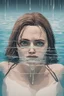 Placeholder: Artwork of t-shirt, Wide angle, half of face on water surface of a woman eyes are full of tears in swimming pool. Broken heart, sadness, down deep