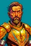 Placeholder: A man about 50 years old, tall, athletic physique, several scars. He has brown hair and a short, well-groomed beard. He looks regal and authoritarian. He wears heavy steel armor with gold trim. In the image you must see at least half a bust. It must be comic-book style.