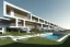 Placeholder: Day in algarve, a set of 20 modern luxury villas architecture building WITH STRAIGHT LINES AND CANNOPY in white render and wood stripe vertical elements with gold details, a modern hotel building with two floors and extending covered terraces, overlooking the golf course, green roofs and pools, sloped land with pinus pinea, hyper realistic 8k ultra render