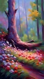 Placeholder: impressionism-style oil painting of a tree falling down in a forest with beautiful flowers