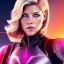 Placeholder: Katheryn Winnick, Cyborg anime warrior, light blonde short hair, pixie hairstyle, cobalt eyes, waist up portrait, 8k resolution, retroanime, intricate details, neon details, soft lighting, vibrant colors, masterpiece, intricate eyeliner, dark eyeshadow, eyes, intricate tattoos, gradient background