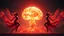 Placeholder: a nuclear explosion cloud(middle) with the wind and smoke(left and right sides) forming seductive dancing women
