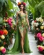 Placeholder: 📷🍓💃 length image full body sweet pose pretty woman super model wearing a beautiful high details natural beuty color unique gown costume made of full elements varieties tropical fruits,background full of green leaves and variaties roses,orchids flowers background