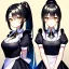 Placeholder: Clear focus, 8k, beautiful lighting, vibrant colors, girl, black hair, long hair, vibrant golden eyes, ponytail, same twins, black hair, golden eyes, same clothes, maid,