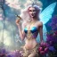 Placeholder: Fantasy cute fairy with wings, smiling, make up, long blond platinum hair, blue eyes, crown, beautiful dress, flowers in background, HQ, unreal engine