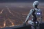 Placeholder: Humanoid robot looking out over an alien town skyline at dusk