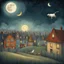 Placeholder: by Shaun Tan, whimsical and charming storybook illustration of the classic Cow leaping over the Moon fable. The background features a beautifully illustrated suburban landscape, with colorful houses. Nighttime. The textures of the storybook pages can be seen on the edges of the illustration. The overall atmosphere is nostalgic, inviting readers to revisit this timeless absurd tale.