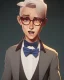 Placeholder: tall young man witbh square glasses, blonde hair and grey eyes. He wears blue shirt, dark tails, bow tie and chimney pot hat. He is laughing