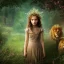 Placeholder: Young beautiful girl stands next to majestic, stunning lion on nature forest path, floral crown on girl, Chronicles of Narnia, 8k resolution, high-quality, fine-detail, iridescent, intricate, digital art, detailed matte, volumetric lighting, beautiful, illustration, 3D octane render, brian froud, howard lyon, selina french, anna dittmann, annie stokes, lisa parker, greg rutowski,