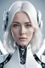 Placeholder: Facing front robot, beautiful woman, white hair, angel,