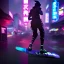 Placeholder: photo of a ninja riding a skateboard; dragon; in an alternate universe in tokyo; cyberpunk; realistic; rain; neon signs