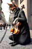 Placeholder: One single mature cat playing violin on the street, Vienna,thoughtful, mourning, model style, hyper realistic, extremely accurate, delicate, extremely detailed, Graphic novel style, wide-angle, open aperture, superfine pencil