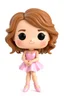 Placeholder: Funko figure of a very young female, smiling, medium very wavy light brown hair, wearing a ballerina dress, pink dress, ballet, very cute, ballet pose,. typography, 3D render. White background