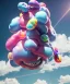 Placeholder: Ultra realistic speed clouds sky scene, wide angle view, sweet childs falling down, inflatable color clothing, free jumping flying, many trinkets, monster head, hair monster, many jelly beans, balls, smile, happy, circus style, extreme, wind, clouds sea, 20,000 feet altitude, stratosphere, soft color, highly detailed, unreal engine 5, ray tracing, RTX, lumen lighting, ultra detail, volumetric lighting, 3d, finely drawn, high definition, high resolution.