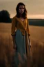 Placeholder: A mysterious brunette woman with sharp cheekbones is standing in a field in Thuringia at dawn. She is wearing a mustard linen dress and seen from afar. The sky is pale blue. The photo is taken with an iPhone.