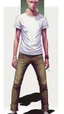 Placeholder: Teen man, blond hair, perfect face, style of tomer hanuka, jeans, white, t-shirt, pompadour