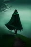 Placeholder: cielo de dia, tenebroso, con niebla, una mujer con capa verde caminando