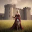 Placeholder: A photo realistic portrait of a stunning blonde, girl standing in front of a medieval castle