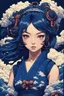 Placeholder: beautiful, cyberpunk, huge girl, petit girl, hyperdetailed, illustration by Katsushika Hokusai in 8bits, Pixel Art, darkblue tones,