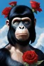 Placeholder: Horror of the Planet of the Apes - black hair, Deep Blue Eyes - head and shoulders portrait - Lenna, part chimpanzee, part human, short, bowl-cut, straight black hair, the bangs cut straight across the forehead, she resembles a Zira from the Planet of the Apes, and she resembles Spock - Mountains, blue skies, clouds, red roses, blue roses, yellow roses, honeysuckle roses, carnations, lilacs, oil painting by Frank Frazetta