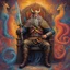 Placeholder: viking holger danske, transulent swirling beard and hair, his sword is golden, siting on his throne with wolfes on each side, alkohol ink, background swirley colorful with painted dragon on the wall, background colorful