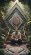 Placeholder: mandala style framed playing card illustration, close up portrait of a man sitting atop a house of cards, posing for photo shoot in stairs and bridges woven into a sacred geometry knitted tapestry in the middle of lush magic jungle, bokeh like f/0.8, tilt-shift lens 8k, high detail, smooth render, down-light, unreal engine, prize winning