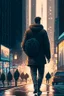 Placeholder: Animated drawing of a man walking in the hyperrealistic 8k city