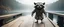 Placeholder: close up on huge dented glowing ghost transparent raccoon gremlin troll in designer clothes in fast boat with googly eyes, raised by ninja necromancer in the wild, on wooden bridge by lake in surreal reflecting stone chrome landscape, background motion blur, volume light fog, rays, 4d maze