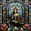 Placeholder: Stained Glass Art Nouveau art style A beautiful as a model asian woodland elf princess who looks like a young Lucy Liu seated on a throne surrounded by poppies and marijuana leaves in a mystical forest, photo-realistic