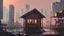 Placeholder: small Wooden Cabin, In cyberpunk city-skyline,