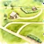 Placeholder: aquarell painting of satellite view of grassy fields, sand trails, wooden walkways, benches, tiny hut, hedges