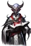 Placeholder: En Young male black skin tiefling Wizard fra dnd holding a book with Arcane Magic in a silver and White Rope and a silver cloak. His horn a perfectly place on acet from the front to the back pointing upwards with glowing Red cat Eyes. His close is elegant get simple. Holding an ice Crystal in his Right Hand