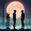 Placeholder: silhouettes of two androids facing each other against a giant glowing full moon, abstract industrial powerline tower and city background, pastel neon glow backlighting, photolayer painterly styles, double exposure, dramatic, moody, romantic, by Pascal Campion and Petros Afshar,