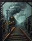 Placeholder: Bosch painting style ,nightmare, a lot of blacksmiths and construction workers holding shavles and construction tools working on train tracks building and digging and moving a train tracks , a train is coming