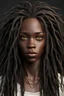 Placeholder: realistic black woman, young, soft face, cunning eyes, long dreadlocked hair, very dark skin