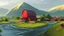 Placeholder: Looking across a torrential dangerous river to a village of new wooden houses, circular wooden church, and farm buildings, and mountains in the far distance, highly detailed, realistic, sunshine, RTX