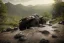 Placeholder: redshift style, photorealistic macro shot, black toy RC off-road trucks climbing a very steep huge boulder, earth color palette, sunset, sharp focus, puddle reflection, refraction, god rays, very rocky terrain, very huge boulders, boulders, detailed and intricate, intense cinematic composition