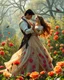 Placeholder: Beautiful Princess Romantic dancing salsa with handsome prince in Wild garden, flower beds, fractal ornamentation, over detailed, gloriously full and confusing, nothing that really exists, everything made up, fantasy world, sweet briar, photography graphic art, song birds, ochre rose, rose buds, dewy morning, forest of oaks,