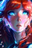 Placeholder: dramatic close-up portrait hologram in the realistic anime style of Mophea Fiverr, a beautiful red haired anime girl , suspended in mid-air within a mesmerizing display of a gallery, dramatic, dark and emo, mesmerizing and striking