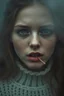 Placeholder: Extremely realistic photo of a beautiful girl, fog, general foul weather, (Rembrandt Lighting), zeiss lens, ultra realistic, (high detailed skin:1.2), 8k uhd, dslr, Dramatic Rim light, high quality, Fujifilm XT3, artwork in pale distressed tones , minimalistic approach, blends old world aesthetics art with elements of distressed painting and illustration, shadow play, high conceptuality, palette inspired by Charlene Mc Nally, Carne Grif, holding a tooth pick in her mouth