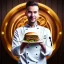 Placeholder:  portrait of handsome man with head band and golden watch, behind him another chef in front blurred dark wooden wall, huge tasty burger, shiny fork and knifes on dinner table with cloth, fantasy art book cover