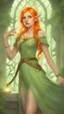 Placeholder: Hot Elf with orange hair and glowing green eyes She wears a light green dress