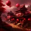 Placeholder: A dark reddish magenta oriental village with fiery orbs painted by Cai Jia