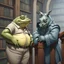 Placeholder: close up 3d illustration very fat yellow and green color big anthropomorphic frog in simple t-shirt and pants stands close and elbowing on an old wooden railing next to each other and talking with a strong gray color anthropomorphic rhinoceros without horns in modern security guard clothes, they talking and elbowing on an old wooden railing next to each other, in background a bibliothek with tall book shelves, detailed sci-fi, fantasy mood