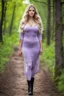 Placeholder: full body standing beautiful 20 year old girl with ash blonde hair and blue eyes with her long hair down,curvy body ,pretty boobs, wearing a sleeved shirt and nice sarifon dress, and lilac long leggings, with long black boots walking in treesfull body shot,country side among trees