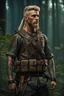 Placeholder: photorealistic hyperdetailed portait of 20-year-old german male, as mercenary with long blonde undercut hair, tribal tattoos and neatly trimmed beard wearing modern mercenary uniform dark fantasy forest backdrop